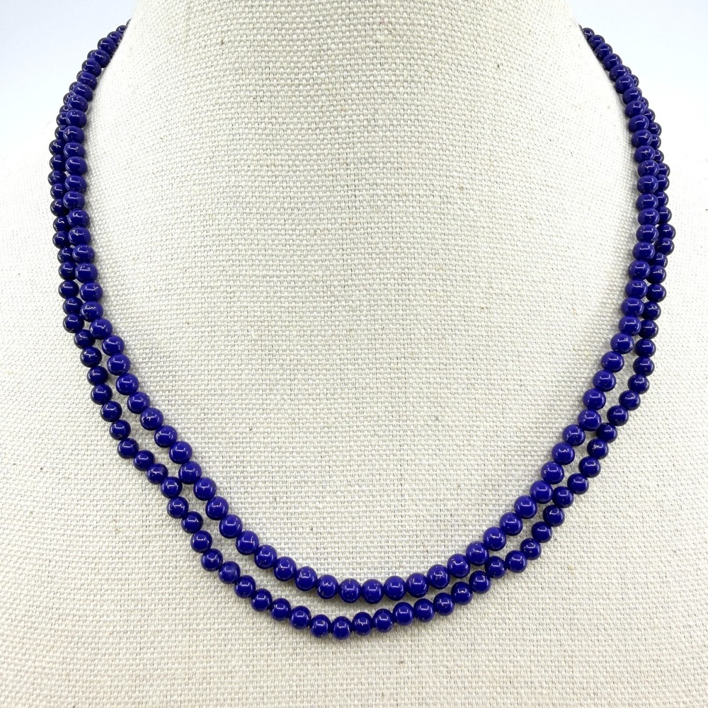 Necklace Vintage Dark Blue Round Bead Double Strand Statement Retro Boho 90s Y2K